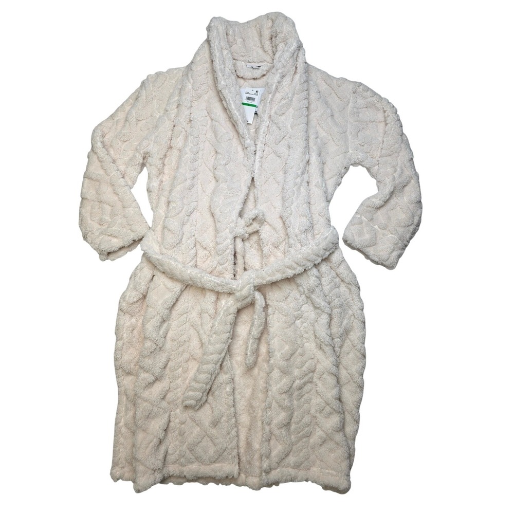 Roudelain Women Plush Robe Cloud Dancer Large Cable Knit Fleece Shawl Collar NWT